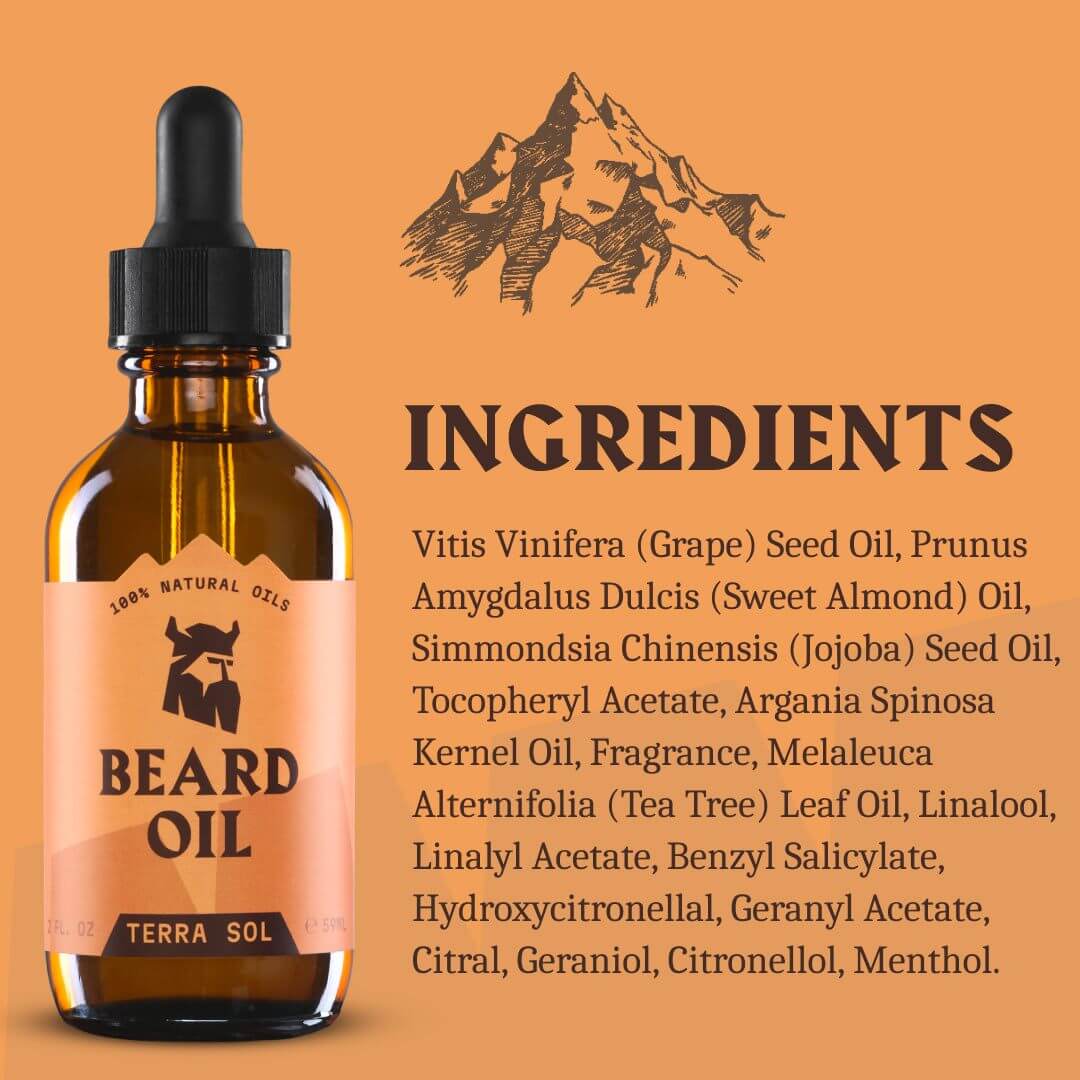 Terra Sol Beard Oil full ingredients – grape seed, sweet almond, jojoba, argan, tea tree, geraniol and citronellol