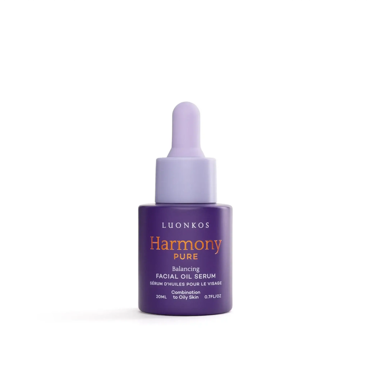 Luonkos Harmony Pure balancing facial oil serum for combination to oily skin in a 20ml purple bottle with dropper.
