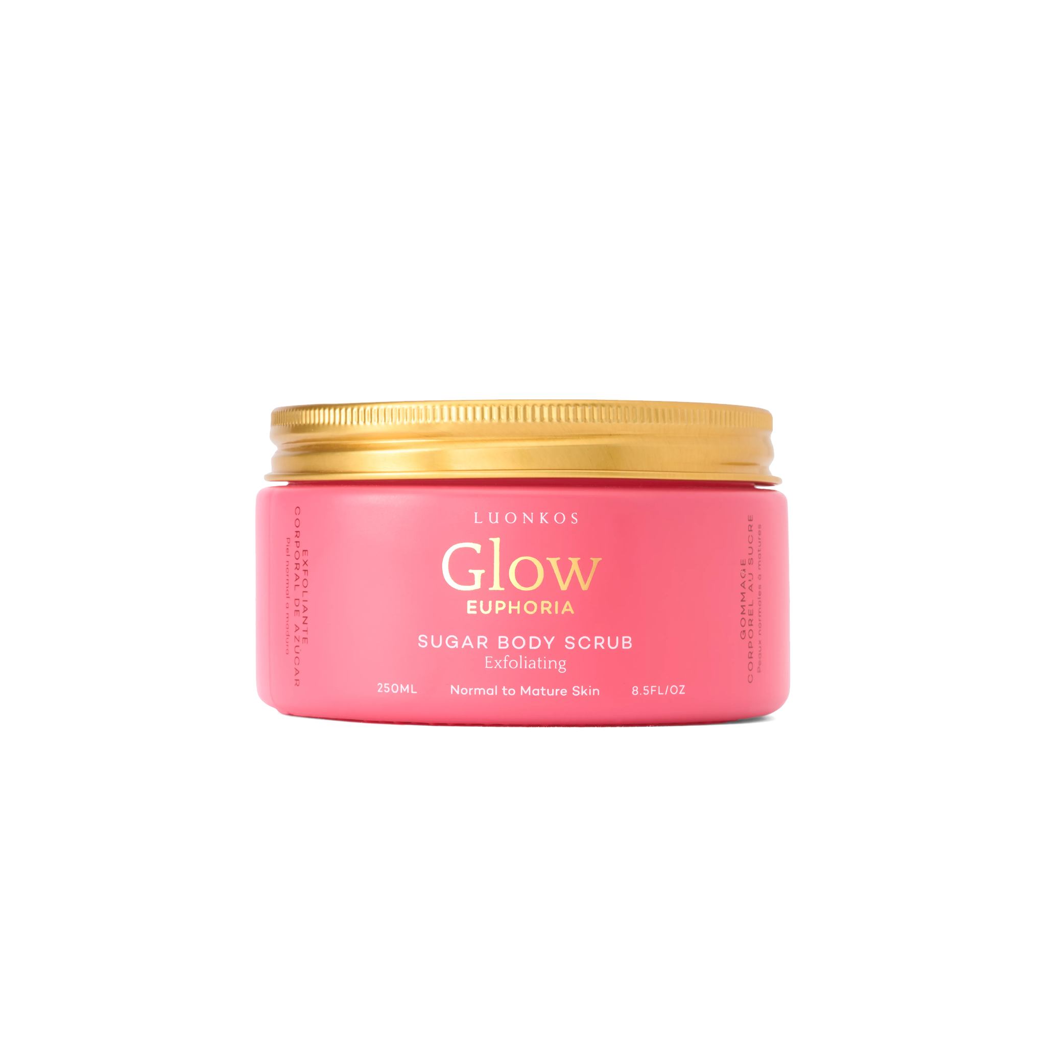 Euphoria sugar body scrub in a pink jar with a gold lid, for luxurious exfoliation and hydration.