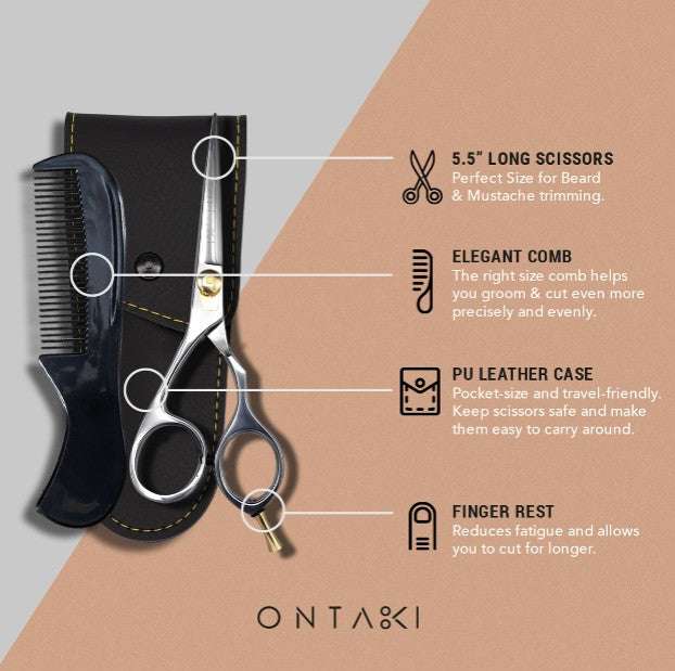 ONTAKI japońskie stalowe nożyczki do brody i wąsów dla praworęcznych i leworęcznych (5,5")