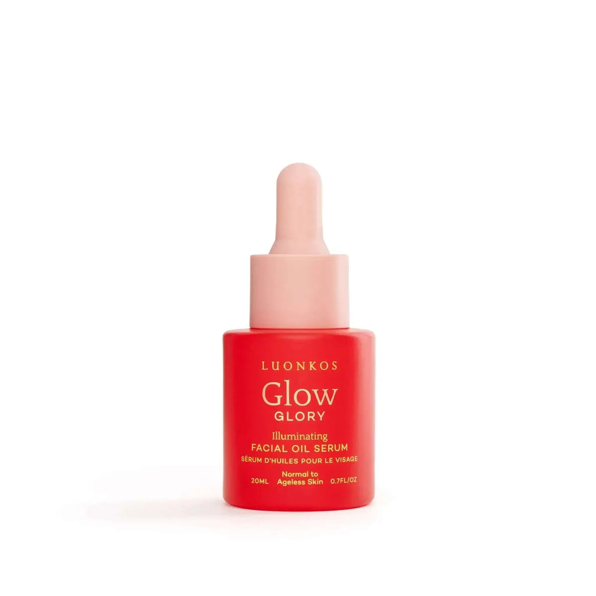Luonkos Glory illuminating facial oil serum for aging skin in a 20ml red bottle with pink dropper cap