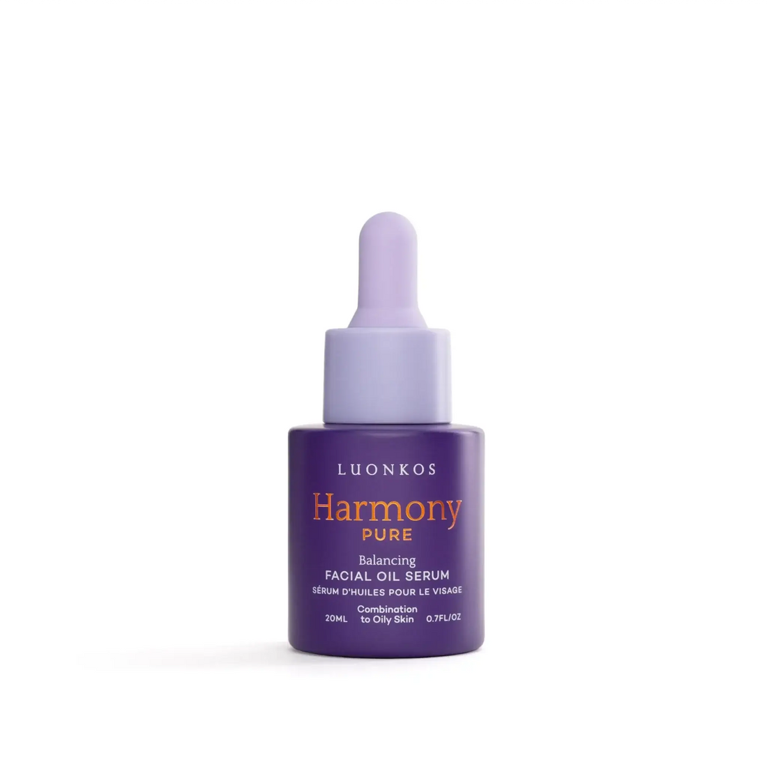 Luonkos Harmony Pure balancing facial oil serum for combination to oily skin in a 20ml purple bottle with dropper.