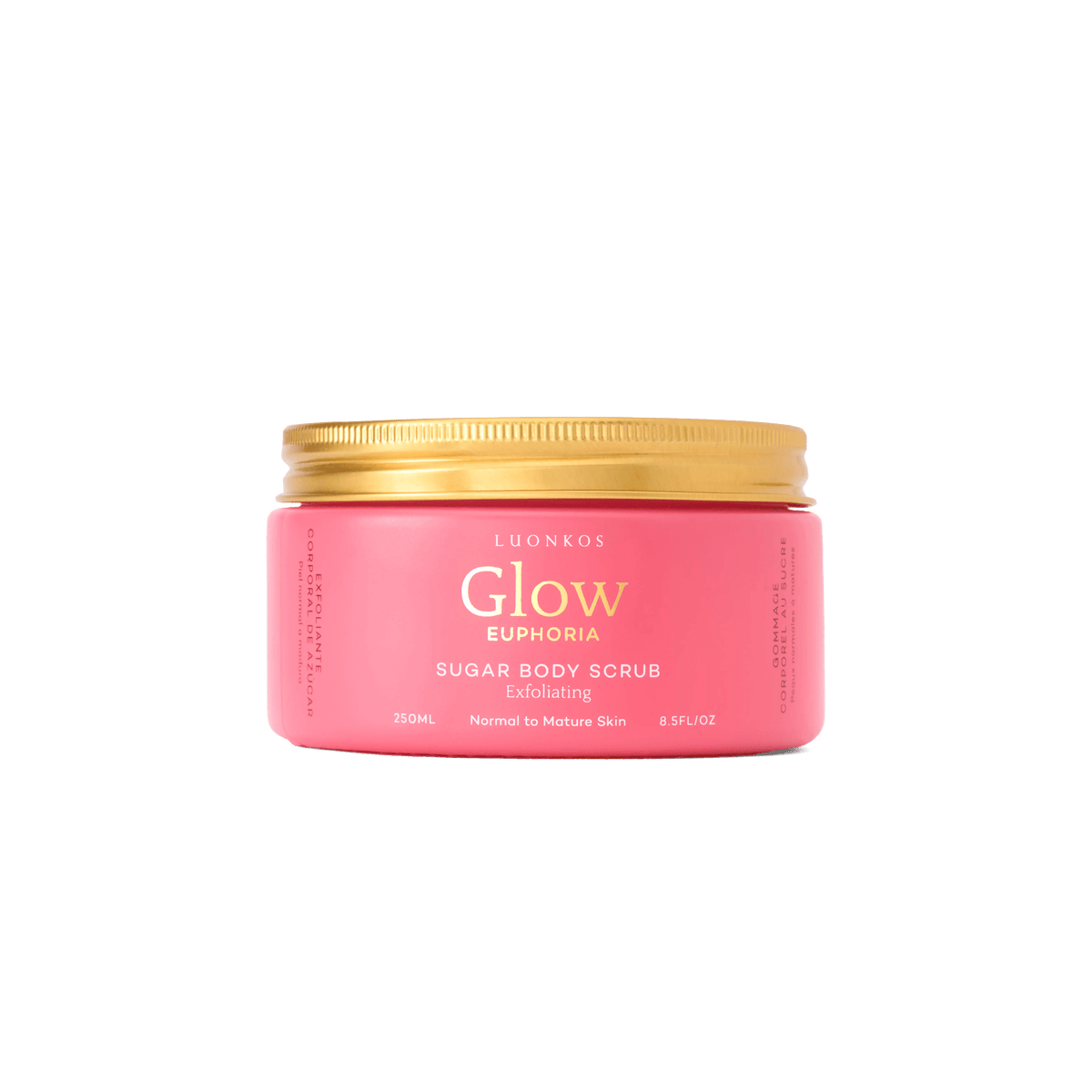 Luonkos Euphoria sokerivartalokuorinta in pink jar with gold lid for exfoliating and moisturizing skin.