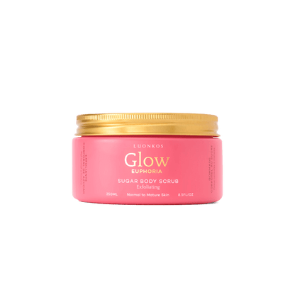 Luonkos Euphoria sokerivartalokuorinta in pink jar with gold lid for exfoliating and moisturizing skin.