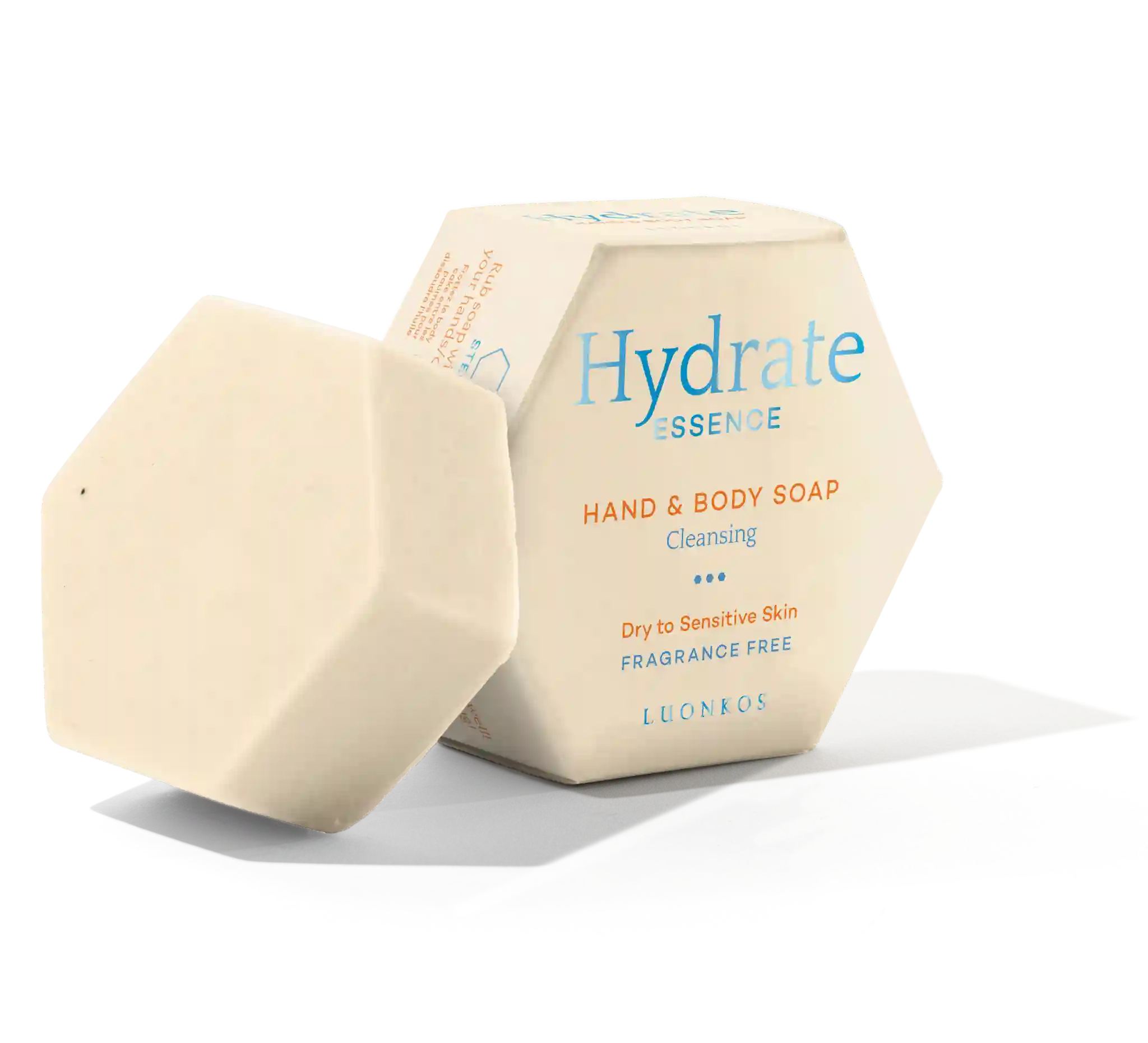 Luonkos Essence fragrance-free hand and body soap for sensitive skin, hexagonal shape with packaging.